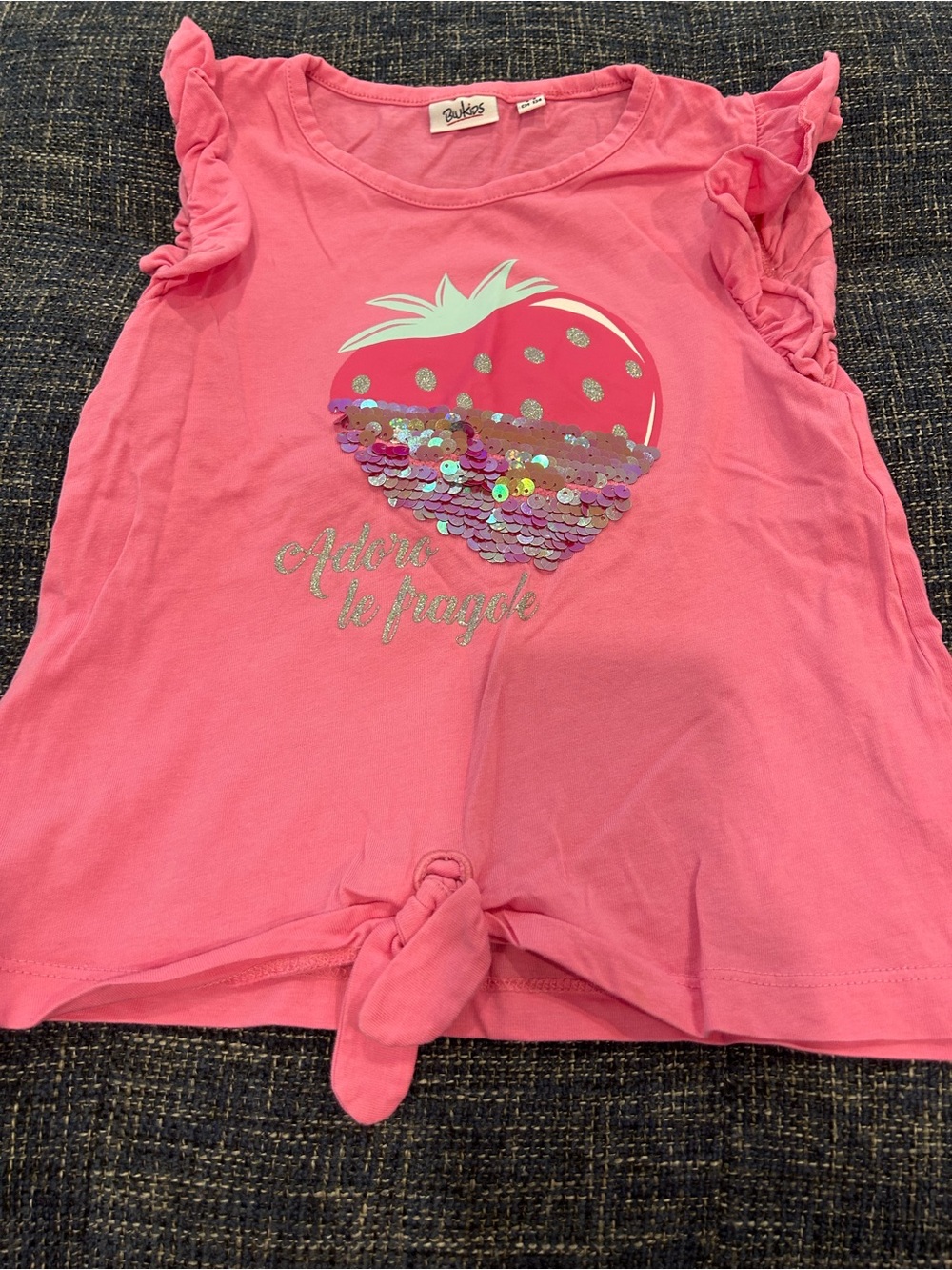 Blukids Ruffle Sleeve Tie Front Tee Shirt Strawberry Sequins Pink